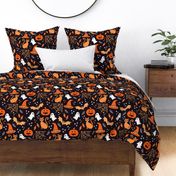 Large Halloween Ghosts Cats Pumpkins Bats Witch Hats Candy Spiders and Webs in White Black and Orange