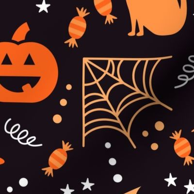 Large Halloween Ghosts Cats Pumpkins Bats Witch Hats Candy Spiders and Webs in White Black and Orange