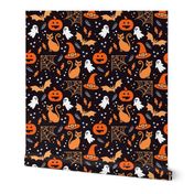 Large Halloween Ghosts Cats Pumpkins Bats Witch Hats Candy Spiders and Webs in White Black and Orange