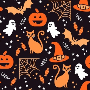 Large Halloween Ghosts Cats Pumpkins Bats Witch Hats Candy Spiders and Webs in White Black and Orange