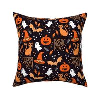 Medium Halloween Ghosts Cats Pumpkins Bats Witch Hats Candy Spiders and Webs in White Black and Orange