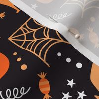 Medium Halloween Ghosts Cats Pumpkins Bats Witch Hats Candy Spiders and Webs in White Black and Orange