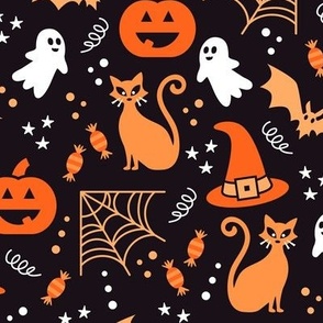 Medium Scale Halloween Ghosts Cats Pumpkins Bats Witch Hats Candy Spiders and Webs in White Black and Orange