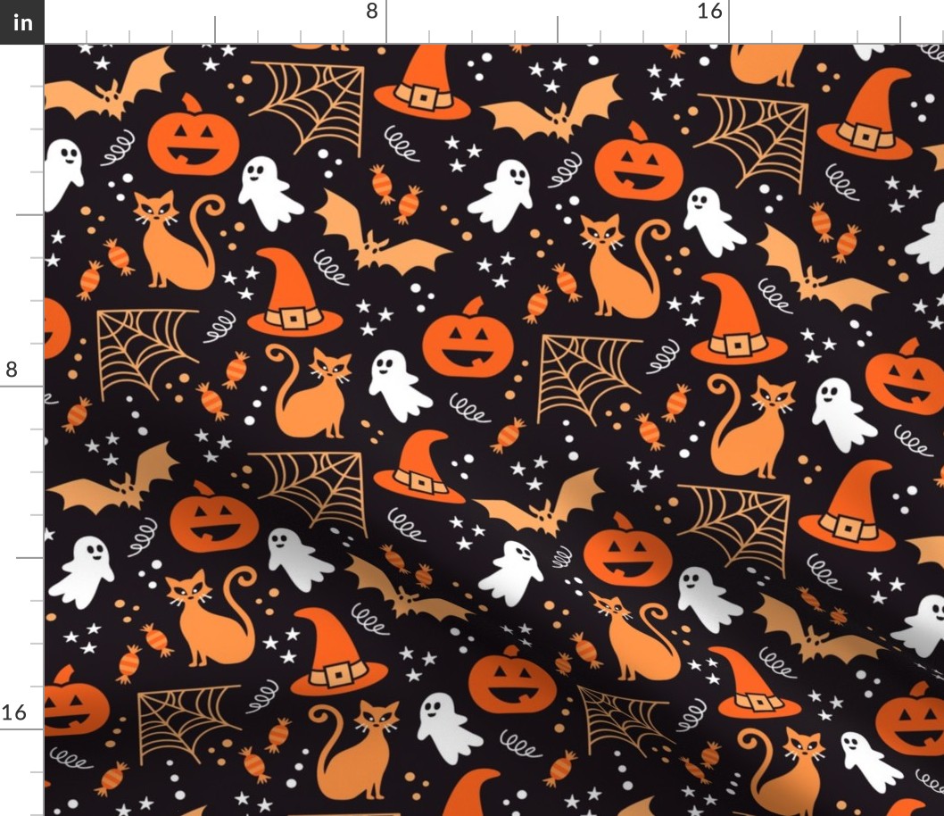 Medium Halloween Ghosts Cats Pumpkins Bats Witch Hats Candy Spiders and Webs in White Black and Orange