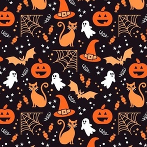 Small Halloween Ghosts Cats Pumpkins Bats Witch Hats Candy Spiders and Webs in White Black and Orange