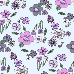 LARGE 90s springtime floral fabric - baby swaddle pattern florals for baby girls - purple light