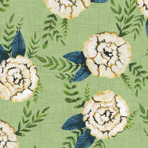 Painted Garden -Large Simple Flowers on Green Linen