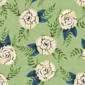 Painted Garden - Medium Simple Flowers on Green Linen