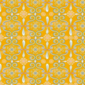 Rococo scrolls in yellow gold with distressed background.