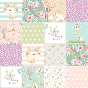 WhisperWood Nursery Patchwork Quilt, Deer Fox Bunny Flowers, Girls Bedding Blanket, Dearly Loved Quilt C
