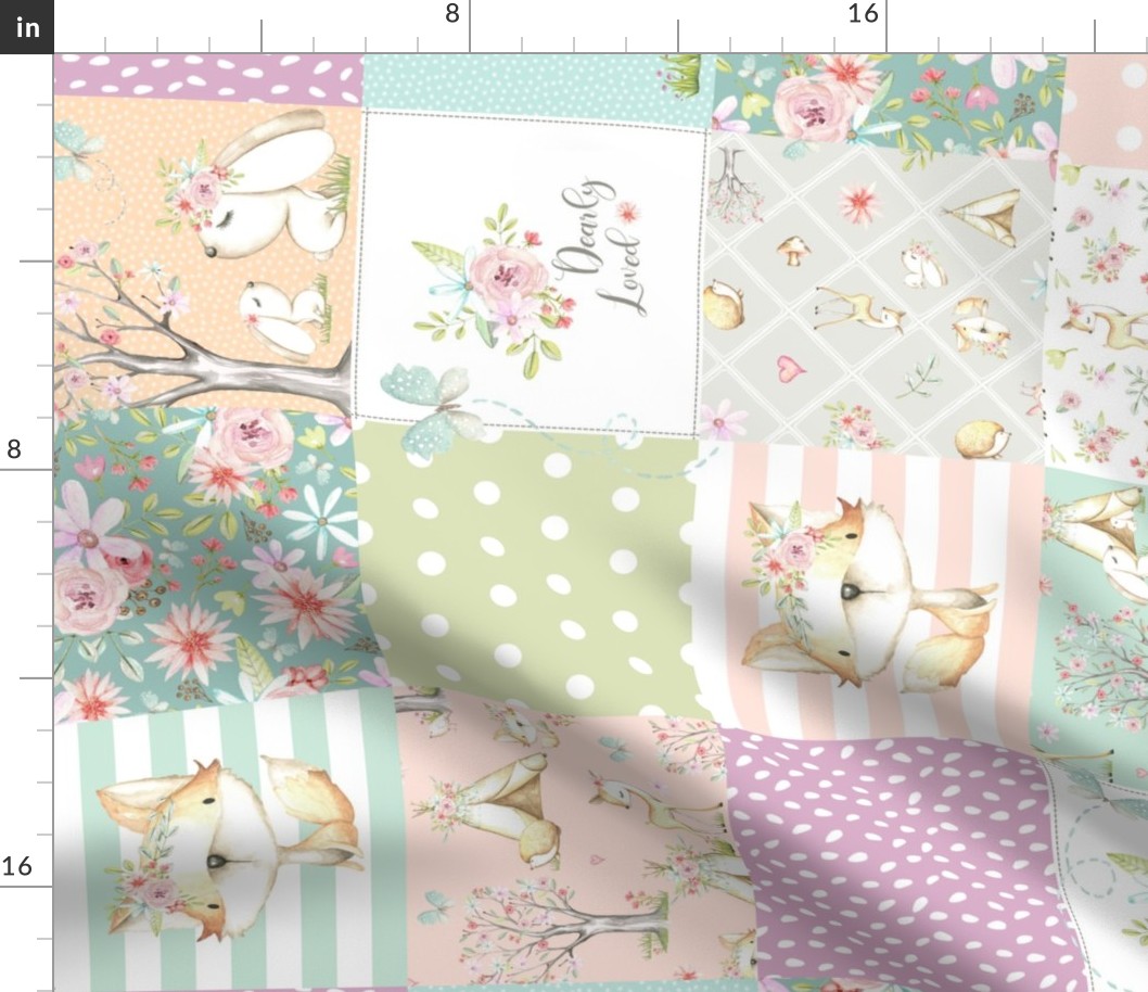 WhisperWood Nursery Patchwork Quilt, Deer Fox Bunny Flowers, Girls Bedding Blanket, ROTATED Dearly Loved Quilt C
