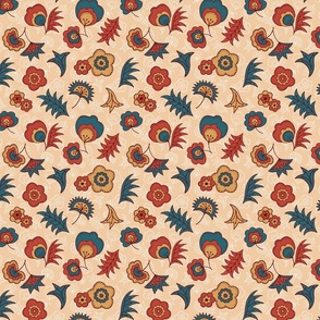 Teal, red, and gold abstract flowers and leaves on a beige background