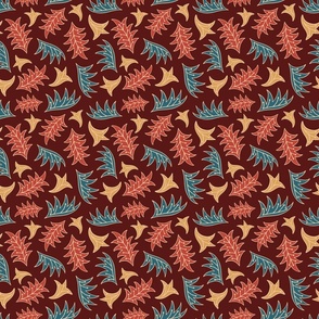 Red, gold, and teal abstract leaves on a brown background