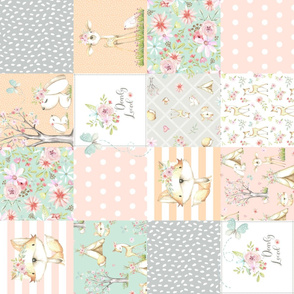 WhisperWood Patchwork Quilt, Nursery Deer Fox Bunny Flowers, Girls Bedding Blanket, ROTATED Dearly Loved Quilt D