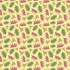 Green, pink, and yellow abstract leaves on a yellow background