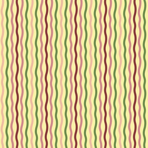 Green, pink, and cranberry red wavy stripes on a yellow background