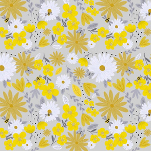 Yellow and white flowers with honeybees on a light grey background