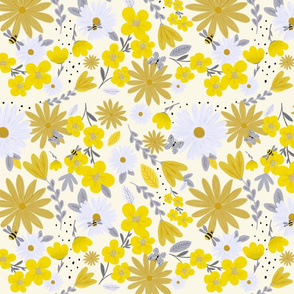 Yellow and white flowers with honeybees on an off white background