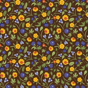 Orange, blue, and yellow wildflowers on a brown background