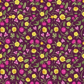 Pink, purple, and yellow wildflowers on a deep purple background