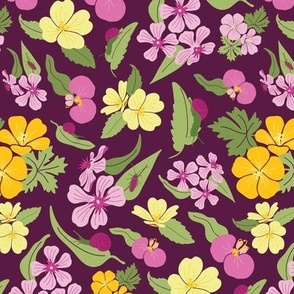 Pink, purple, and yellow wildflowers and snails on a deep purple background