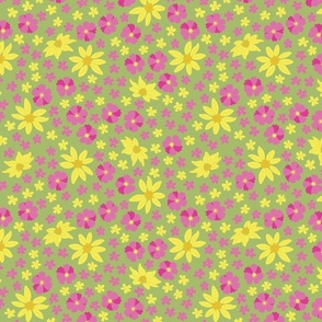Pink, purple, and yellow flowers and daisys on green