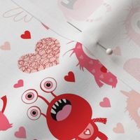 Cute Pink and Red Monsters and Hearts for Valentine's Day and Love Themed Designs