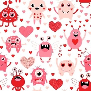 Cute Pink and Red Monsters and Hearts for Valentine's Day and Love Themed Designs