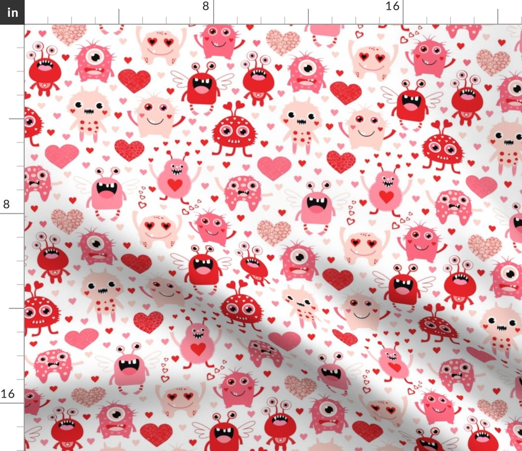 Cute Pink and Red Monsters and Hearts for Valentine's Day and Love Themed Designs