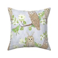 Magical Fairy Owls with Antlers On Gray
