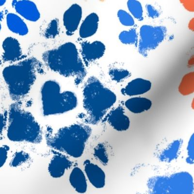Puppy Paw Prints Floral, Orange and Blue