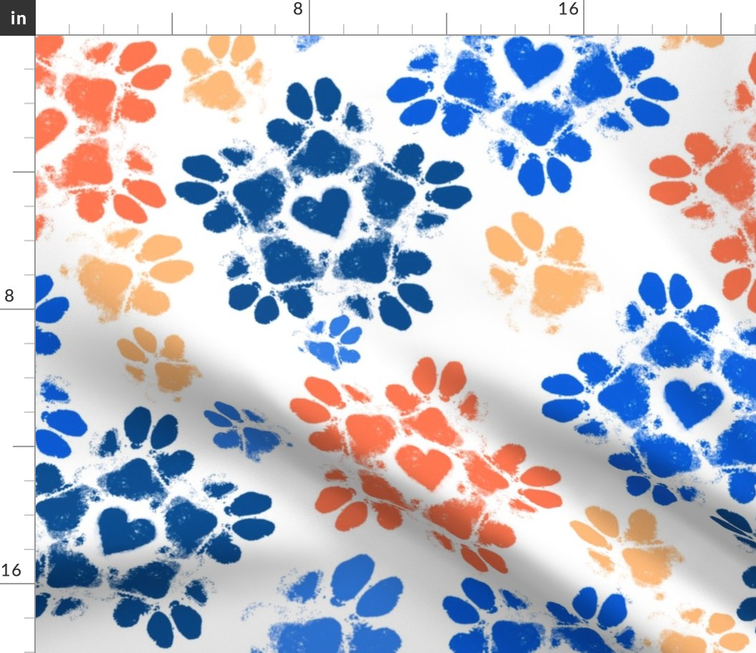 Puppy Paw Prints Floral, Orange and Blue