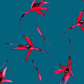 Scattered Fuchsia Flowers on Dark Teal