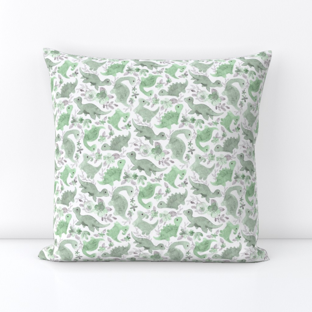 Ditsy Dino Floral - sage green and grey on white 