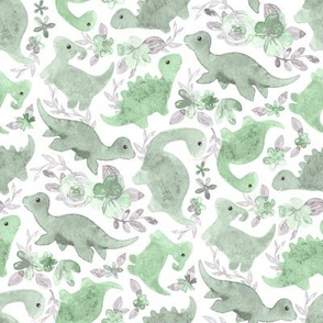 Ditsy Dino Floral - sage green and grey on white 