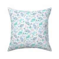 Ditsy Dino Floral - pale blue and cyan on white 