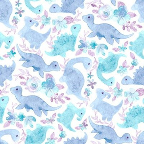 Ditsy Dino Floral - turquoise, blue and, purple on white 