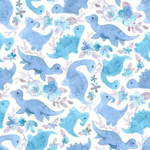 Ditsy Dino Floral - blues and grey on white 