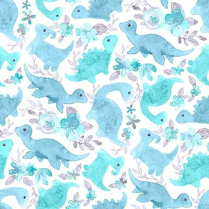 Ditsy Dino Floral - turquoise and blue on white 