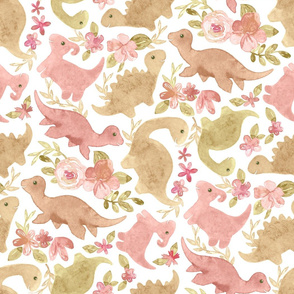 Ditsy Dino Floral - olive green, dusky rose, and earthy taupe on white - big scale