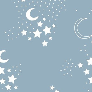 Starry night universe constellation moon and stars neutral boho nursery design baby blue white JUMBO