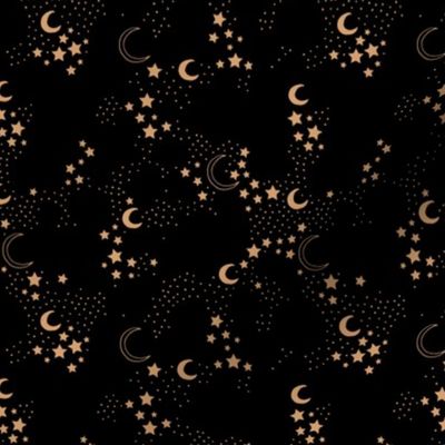Starry night universe constellation moon and stars neutral boho nursery design black golden yellow