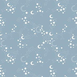 Starry night universe constellation moon and stars neutral boho nursery design baby blue white