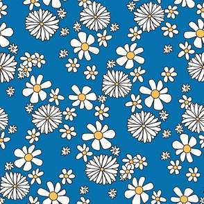 Daisy print fabric - cute daisies - Medium blue