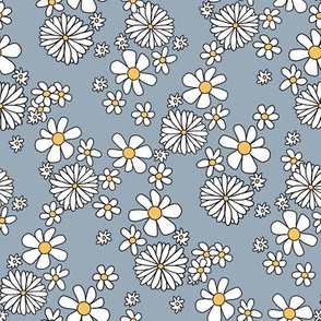 Daisy print fabric - cute daisies - dusty blue