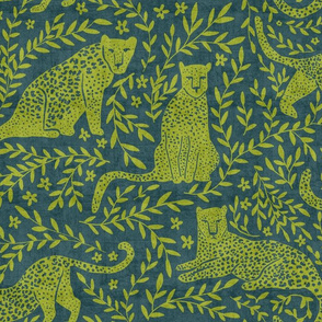 Jungle cat - deep teal green and chartreuse 