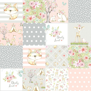 WhisperWood Cheater Quilt Blanket, Pink Nursery Deer Fox Bunny Flowers, Girls Bedding Blanket, Dearly Loved Quilt G