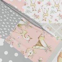 WhisperWood Cheater Quilt Blanket, Pink Nursery Deer Fox Bunny Flowers, Girls Bedding Blanket, ROTATED Dearly Loved Quilt G