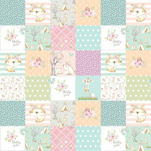 3" BLOCKS- Daddy's Girl WhisperWood Nursery Woodland Patchwork Quilt – Deer Fox Bunny Flowers, pink mint peach gray, Quilt A