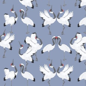 Japanese Snow Cranes Wing Dance On Blue Small Scale